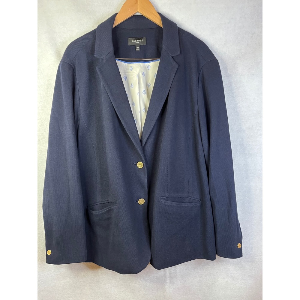 Talbots Women's Navy Blue Knit 100% Cotton Blazer Lined Gold Buttons Sz 24W NWOT